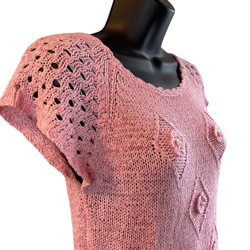Pink Hand Knit Cap Sleeve Crew Neck Stretch Top SzS - Picture 2 of 10